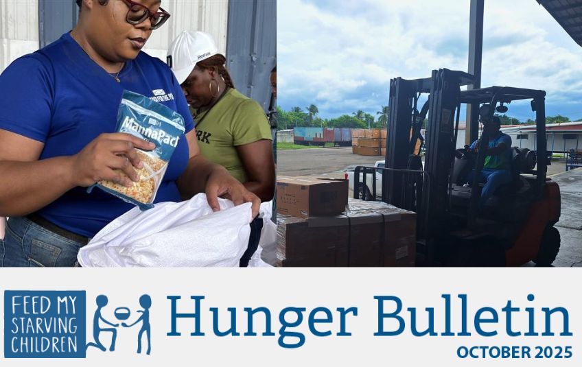 Woman with MannaPack meal and forklift carrying pallet of FMSC boxes in Jamaica with Hunger Bulletin header