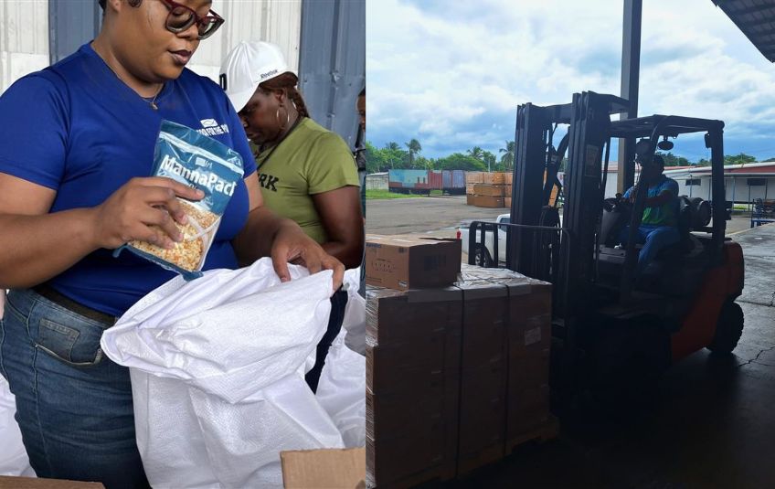 Woman with MannaPack meal and forklift carrying pallet of FMSC boxes in Jamaica