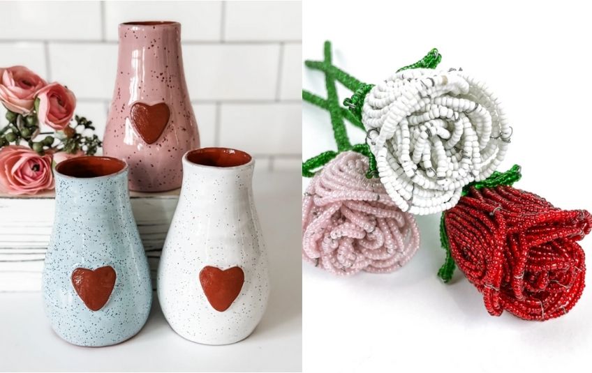 handmade ceramic speckled vases with hearts and beaded roses