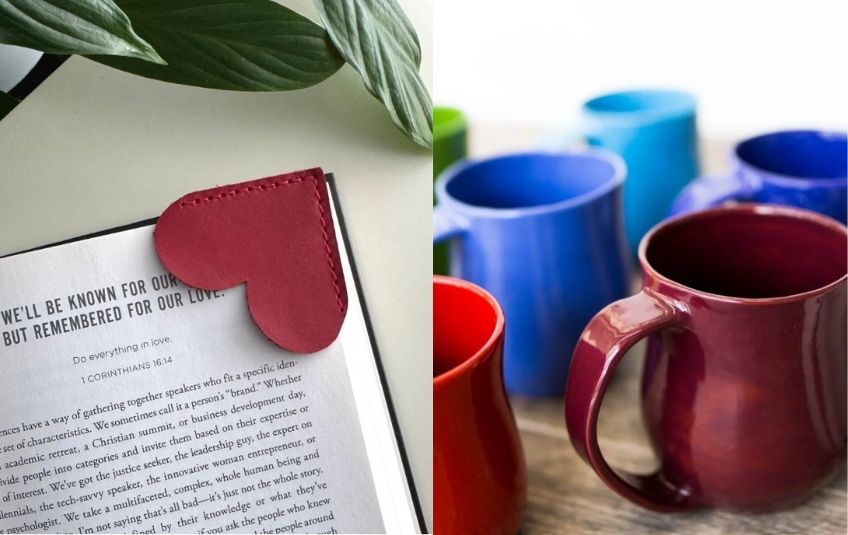 red leather heart bookmark and handcrafted colorful mugs