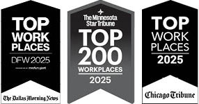 Top Workplace award banners from the Minneapolis Star Tribune, Chicago Tribune, and Dallas Morning News